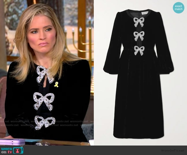 Saloni Camille bow-embellished velvet midi dress worn by Sara Haines on The View