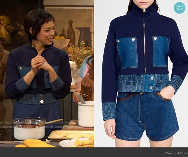 Sandro Knit and Denim Coatigan worn by Pila Vildes on The Drew Barrymore Show