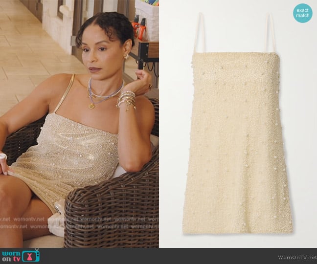 Sai’s beige pearl embellished mini dress on RHONY