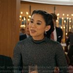 Sarah’s metallic turtleneck with tweed skirt and bow earrings on Matlock