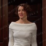 Sarah’s white ribbed off-shoulder sweater on Days of our Lives