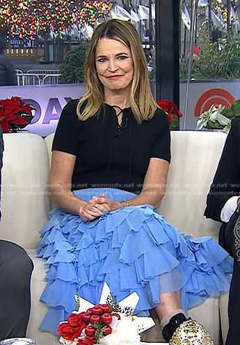 Savannah's black lace-up top and blue tiered tulle skirt on Today