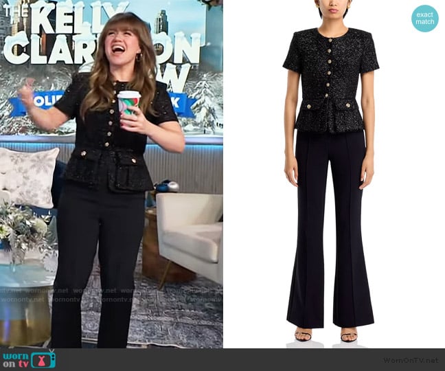 Kelly’s black metallic tweed jumpsuit on The Kelly Clarkson Show