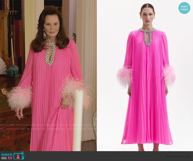 Self Portrait Pink Chiffon Feather Midi Dress worn by Patricia Altschul on Southern Charm