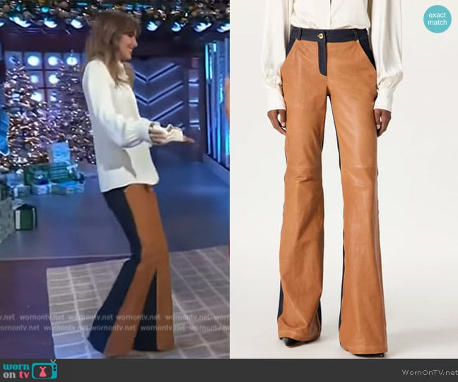 Suki Waterhouse’s colorblock mixed media pants on The Kelly Clarkson Show