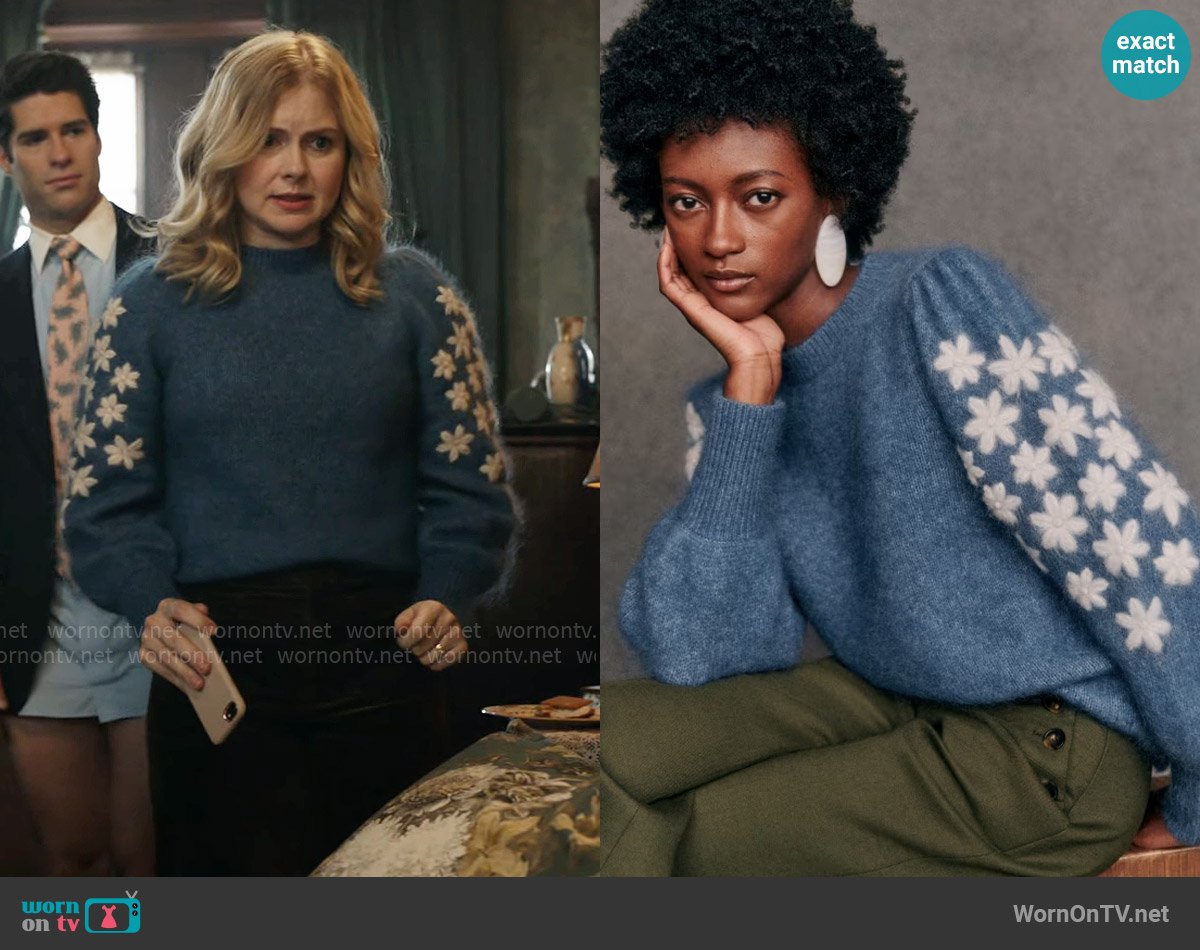 Sezane Luke Sweater in Faded Blue Cream worn by Sam (Rose McIver) on Ghosts