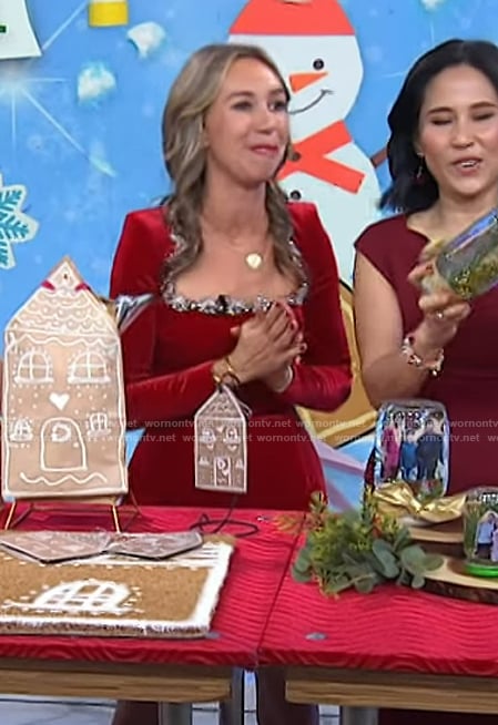 Shannon Doherty's red velvet embellished trim mini dress on Today