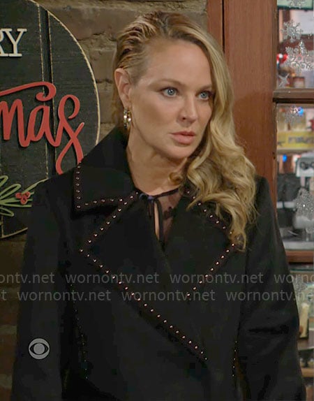 Sharon's black studded trim coat on The Young and the Restless