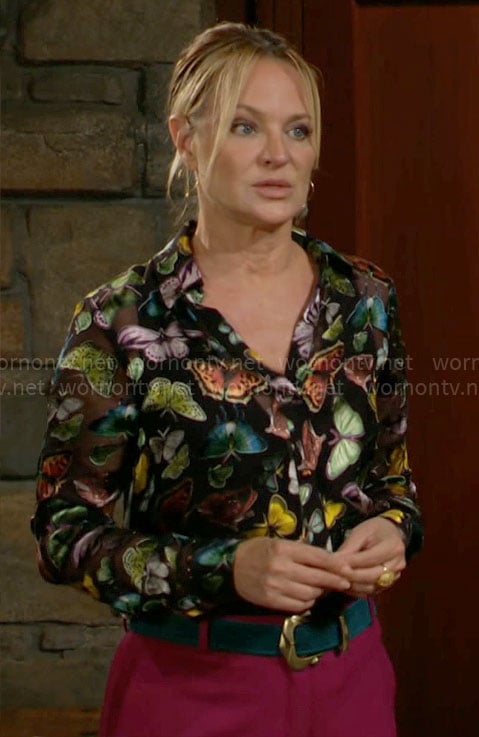 Sharon's butterfly print blouse on The Young and the Restless