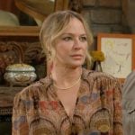 Sharon’s printed v-neck blouse on The Young and the Restless