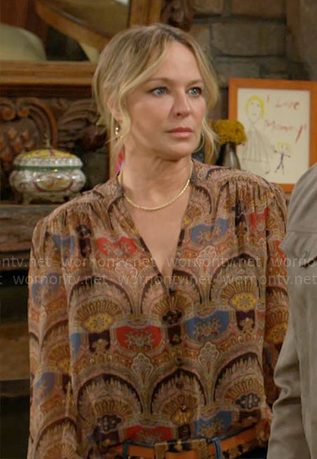 Sharon’s printed v-neck blouse on The Young and the Restless