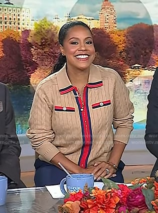 Sheinelle's beige cable knit zip front sweater on Today