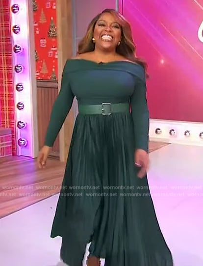 Sherri's teal off shoulder dress on Sherri