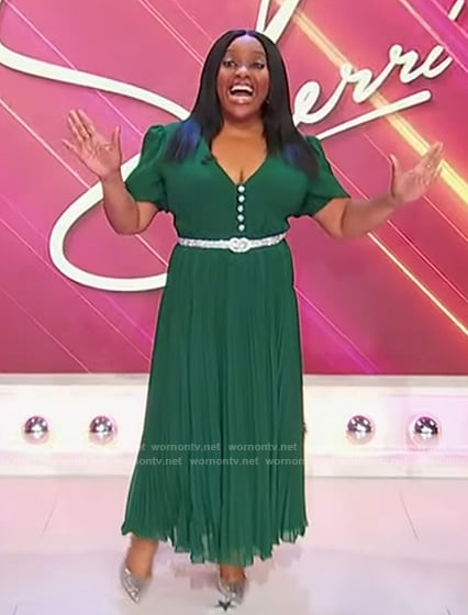 Sherri's green v-neck midi dress on Sherri