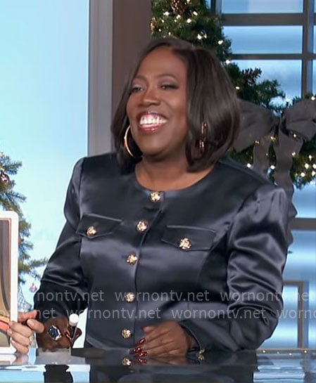 Sheryl’s navy satin jacket on The Talk