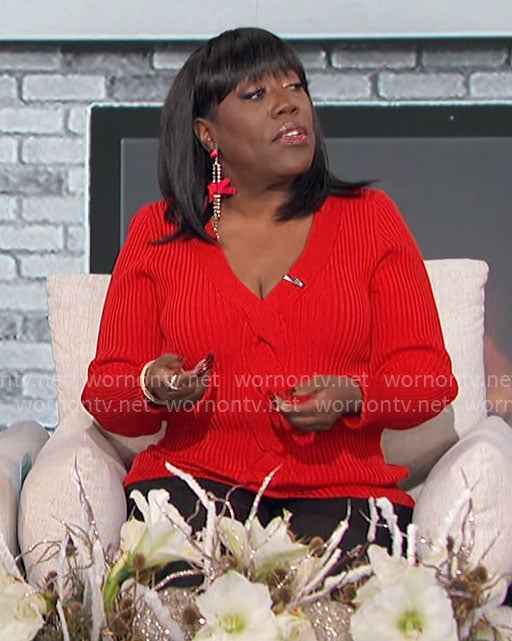 Sheryl's red v-neck cable front sweater on The Talk