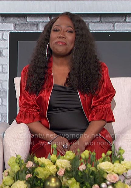 Sheryl’s red satin jacket and pants set on The Talk