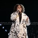 Shye’s white print blazer and asymmetric skirt on The Voice