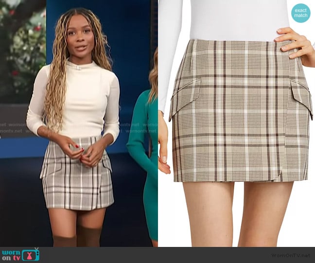 Simkhai Payton Wrap Mini Skirt in Sand Plaid worn by Zuri Hall on Access Hollywood