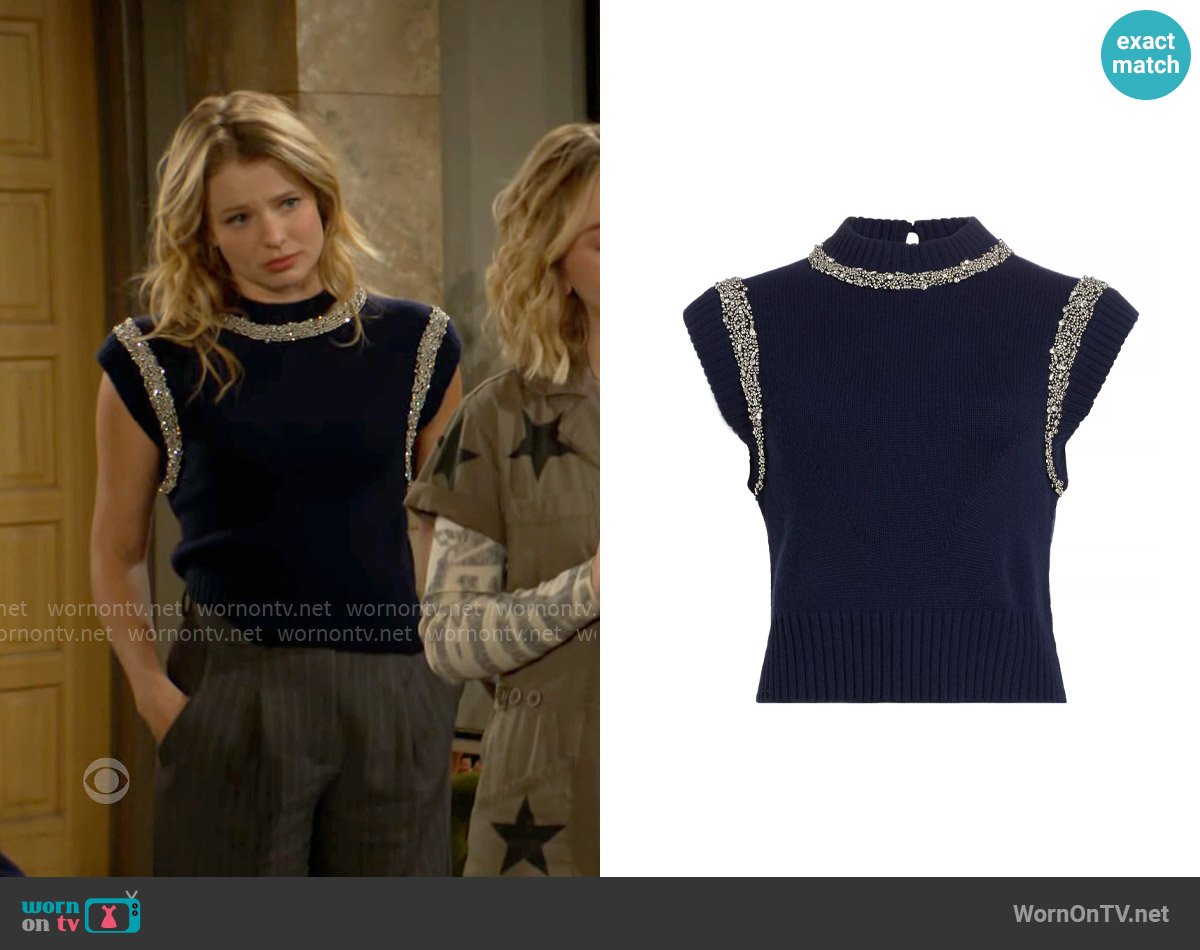 Simkhai Joanae Embellished Wool-Cashmere Sleeveless Sweater worn by Summer Newman (Allison Lanier) on The Young and the Restless