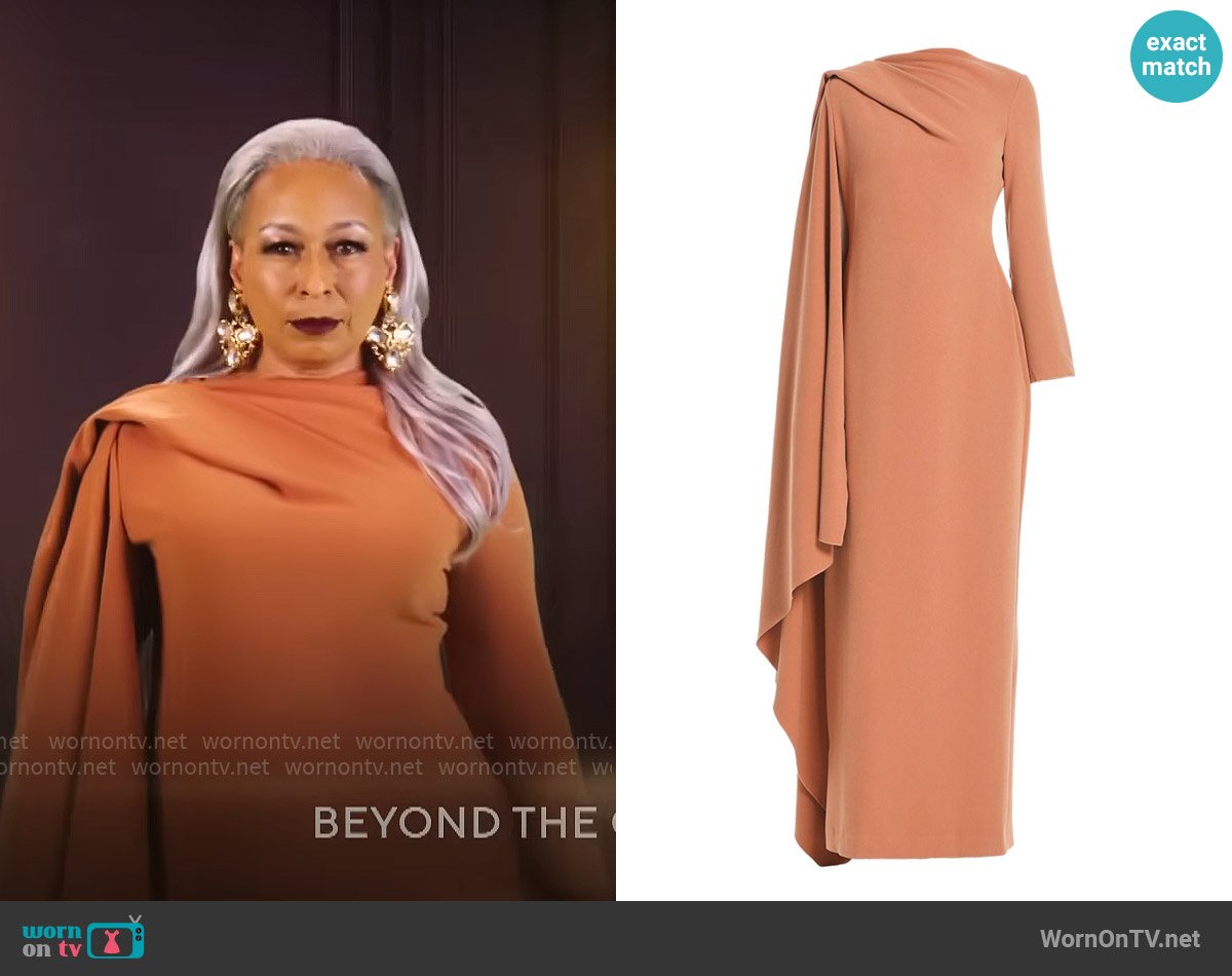 Anita’s draped shoulder dress on Beyond the Gates