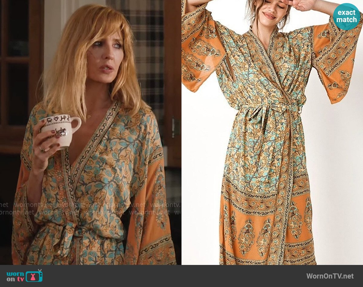 Spell and the Gypsy Delirium Robe in Gold worn by Beth Dutton (Kelly Reilly) on Yellowstone