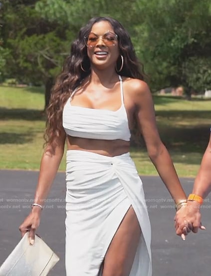 Stacey's white two piece set on The Real Housewives of Potomac