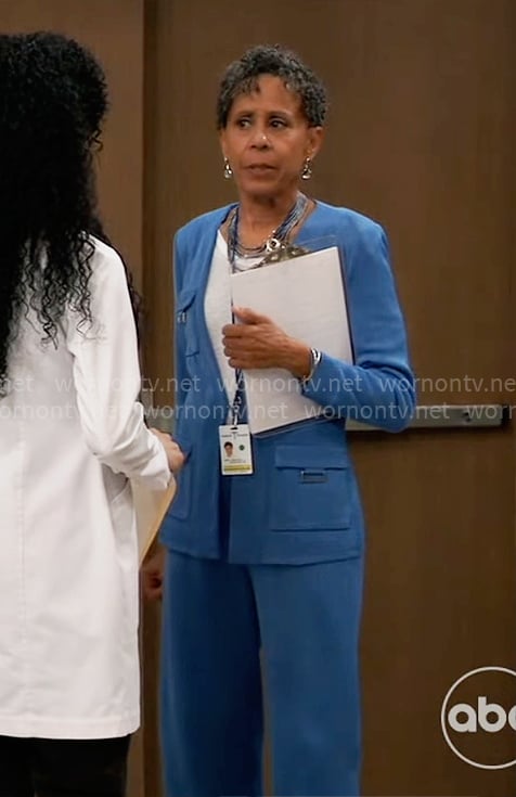 Stella's blue knit jacket and pants set on General Hospital