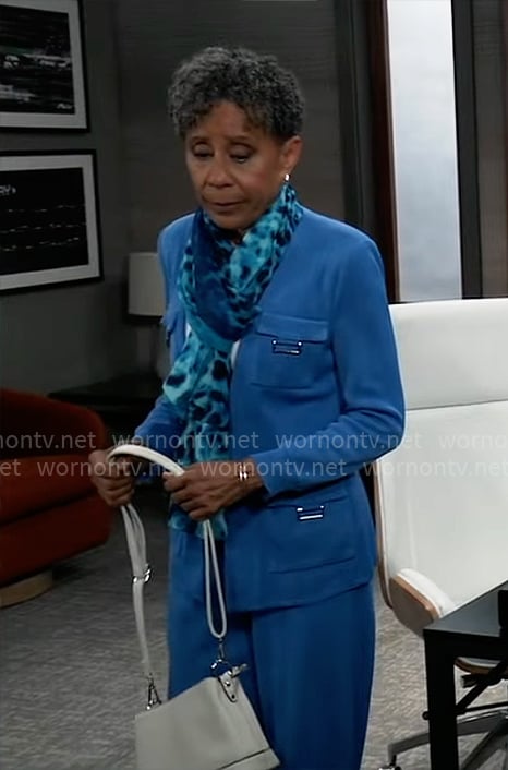 Stella's blue knit jacket and pants set on General Hospital