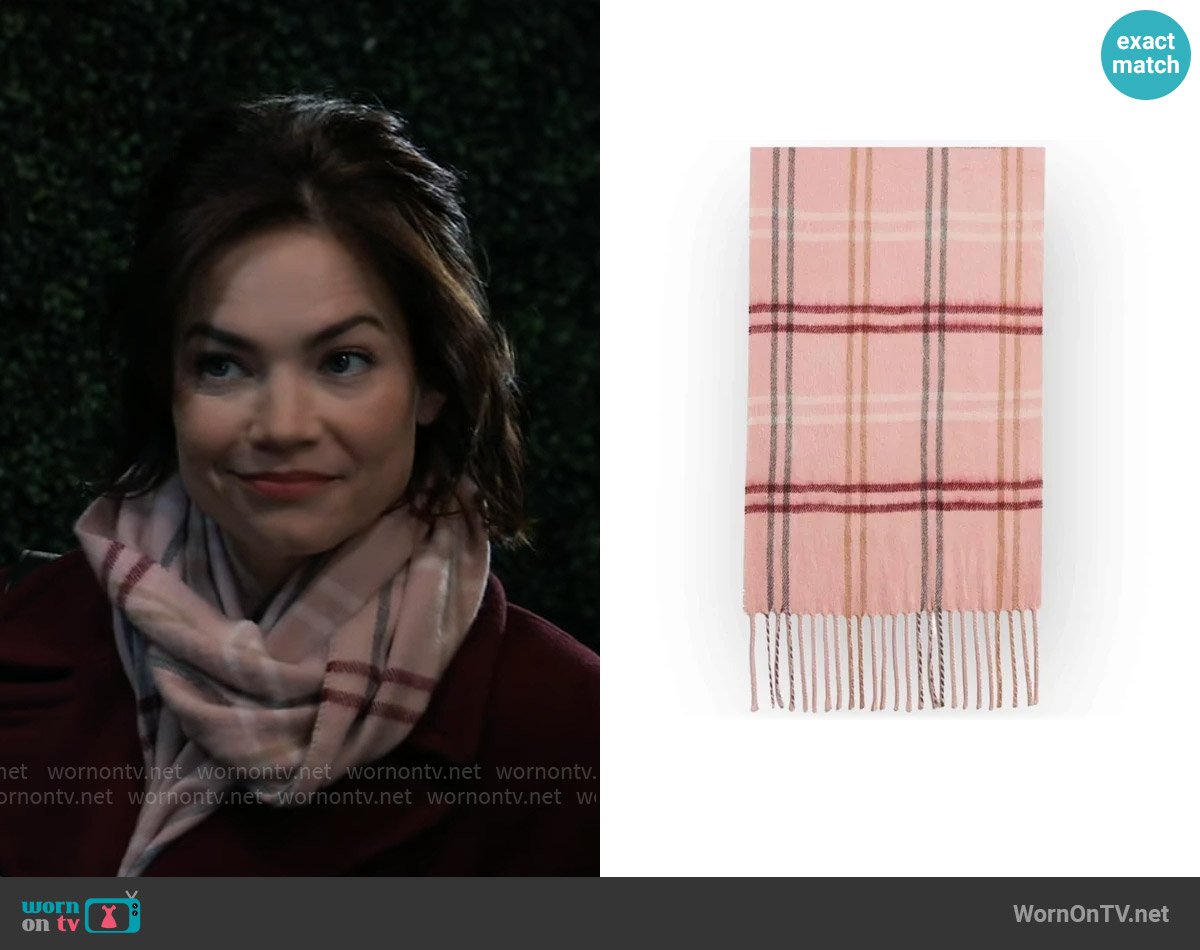 Steve Madden Muffler Scarf in Blush Plaid worn by Elizabeth Webber (Rebecca Herbst) on General Hospital