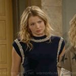 Summer’s navy embellished sweater top and pinstripe pants on The Young and the Restless