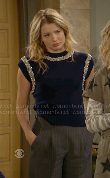 Summer's navy embellished sweater top and pinstripe pants on The Young and the Restless