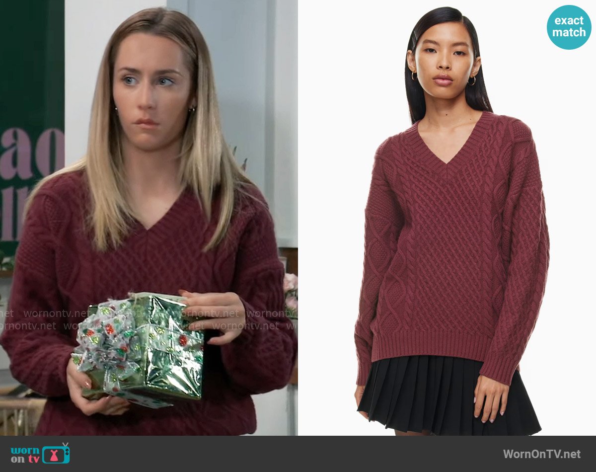 Josslyn’s burgundy cable-knit sweater on General Hospital