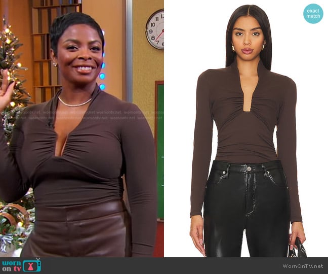 Susana Monaco Square Wire Gathered Top in Java worn by Janelle James on Good Morning America