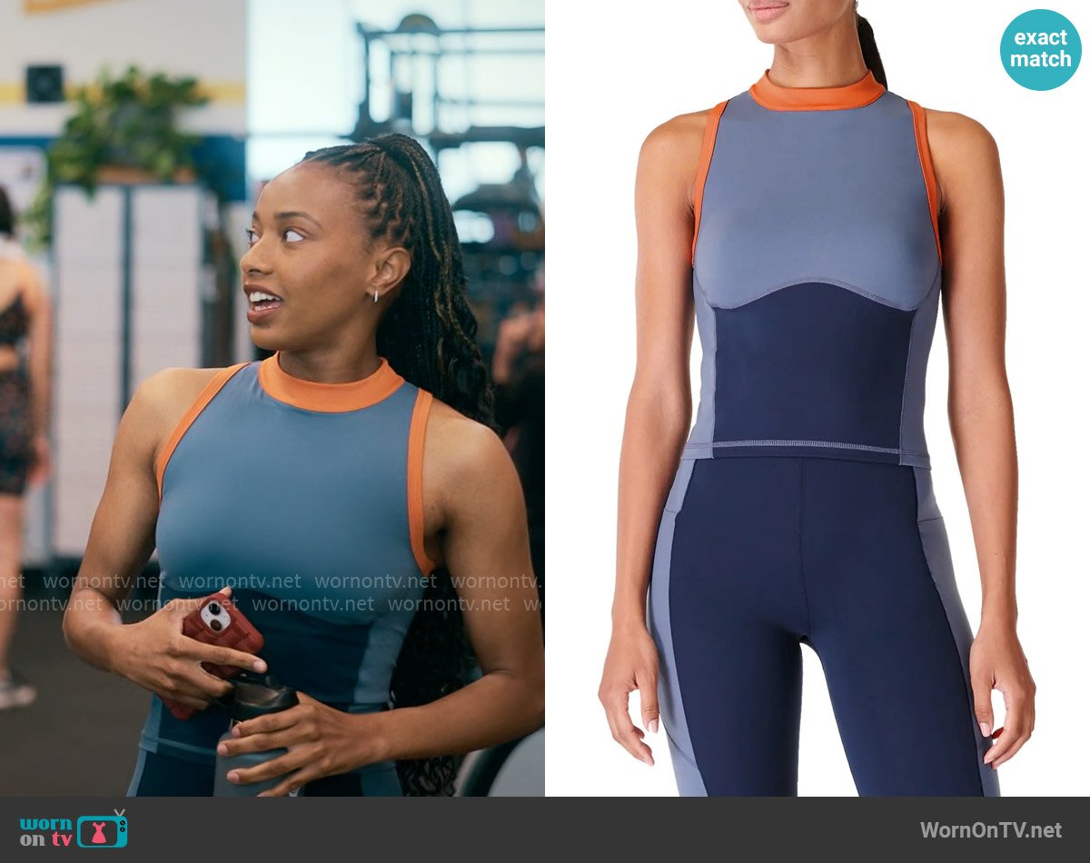 Sweaty Betty Power Colorblock Racerback Crop Tank in Endless Blue worn by Whitney Chase (Alyah Chanelle Scott) on The Sex Lives of College Girls