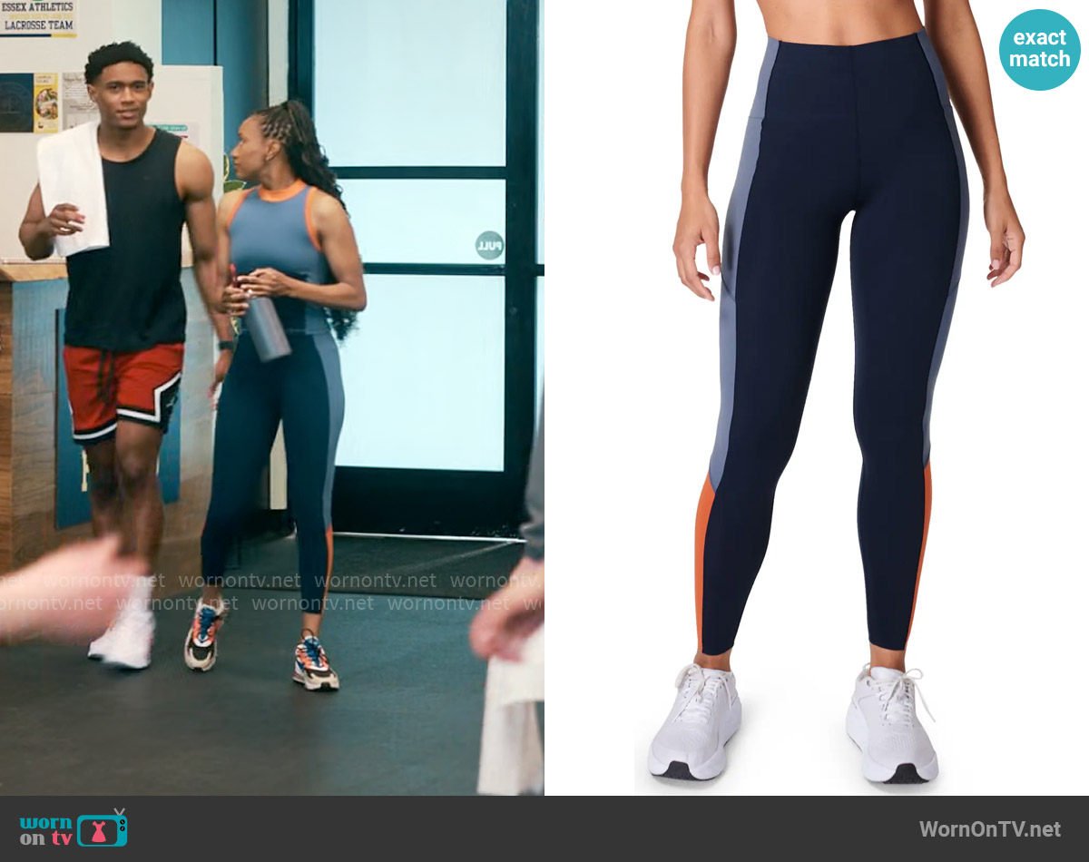 Sweaty Betty Power High Waist Colorblock Workout Leggings in Endless Blue worn by Whitney Chase (Alyah Chanelle Scott) on The Sex Lives of College Girls