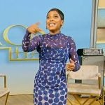 Tamron’s blue printed mesh top and dress on Tamron Hall Show