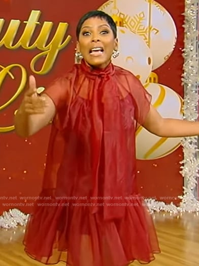 Tamron's red sheer tie neck dress on Tamron Hall Show