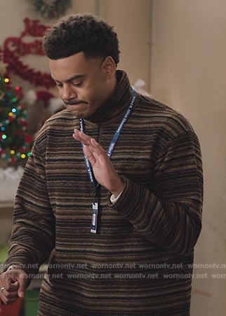 Tariq’s brown striped fleece sweater on Abbott Elementary