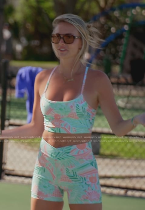 Taylor's blue floral print biker shorts and top on Southern Charm