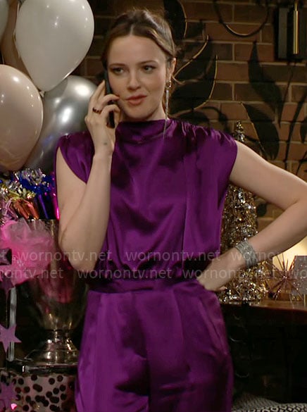 Tessa's purple satin draped blouse and pants set on The Young and the Restless