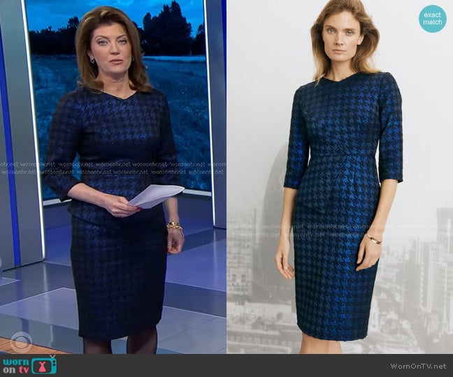 Norah’s blue houndsooth dress on CBS Evening News