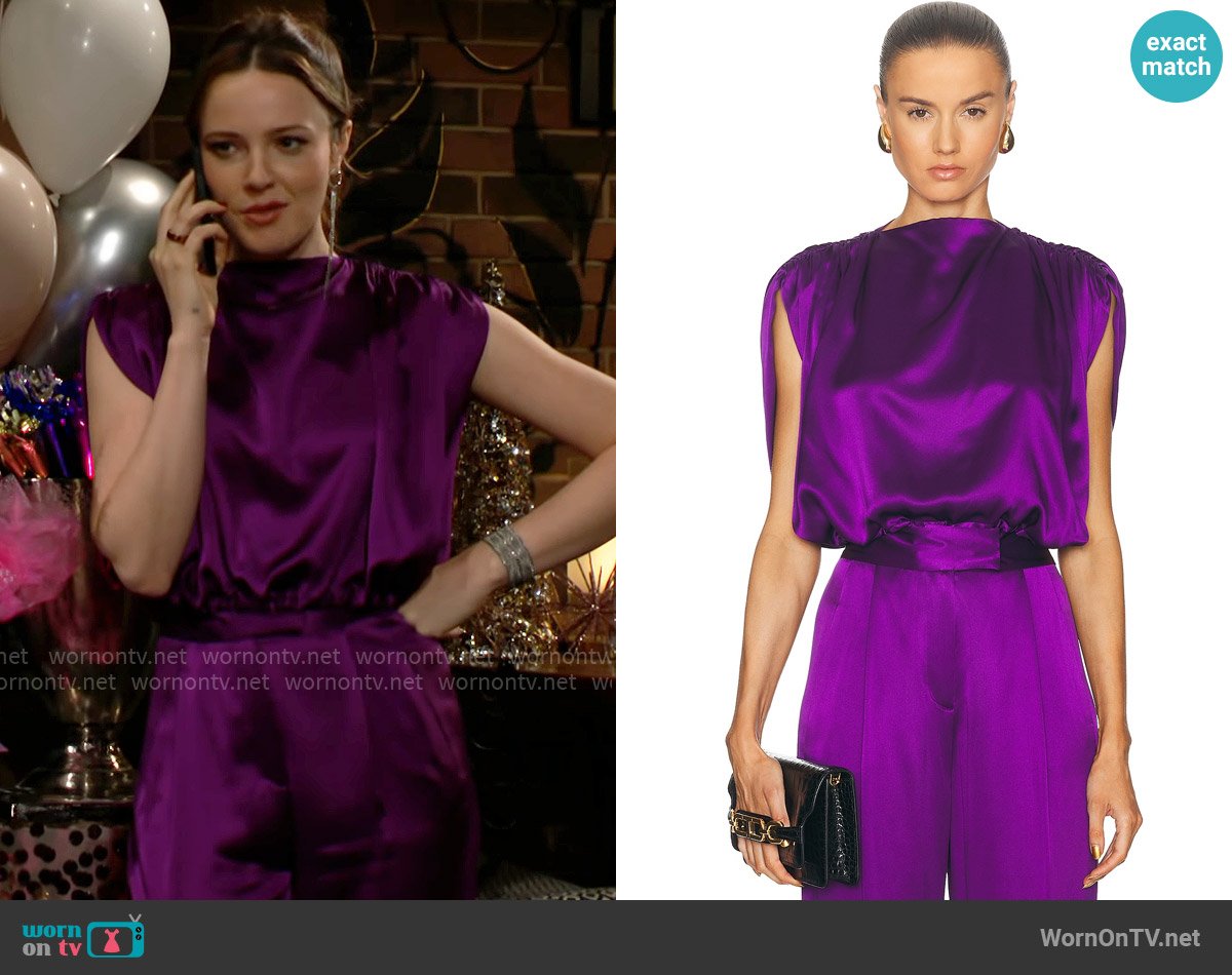 The Sei Draped Top in Eggplant worn by Tessa Porter (Cait Fairbanks) on The Young and the Restless