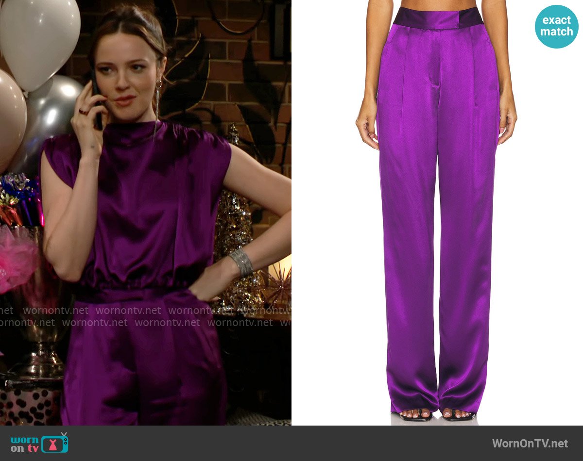 The Sei Wide Leg Trouser in Eggplant worn by Tessa Porter (Cait Fairbanks) on The Young and the Restless