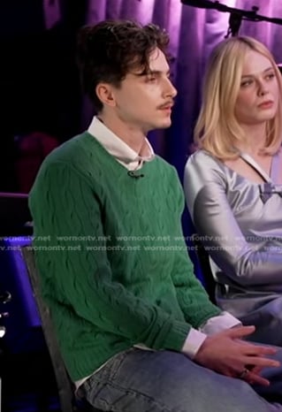 Timothée Chalame’s green cable knit sweater on Good Morning America