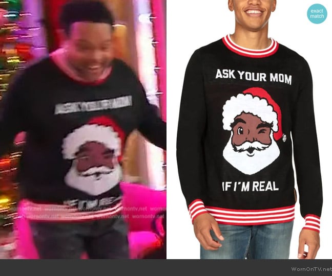 Tipsy Elves Ask Your Mom Ugly Christmas Sweater worn by Jawn Murray on Sherri