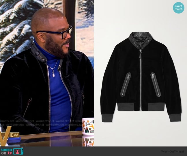 Tom Ford Full-Grain Leather-Trimmed Velvet Bomber Jacket worn by Tyler Perry on The View