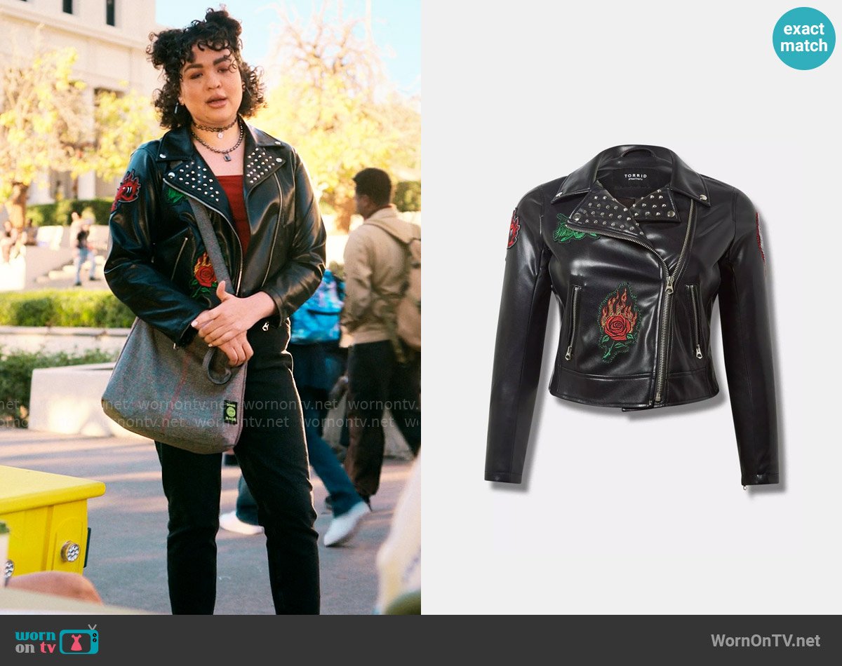 Torrid Faux Leather Embellished Moto Jacket worn by Lila Flores (Ilia Isorelýs Paulino) on The Sex Lives of College Girls