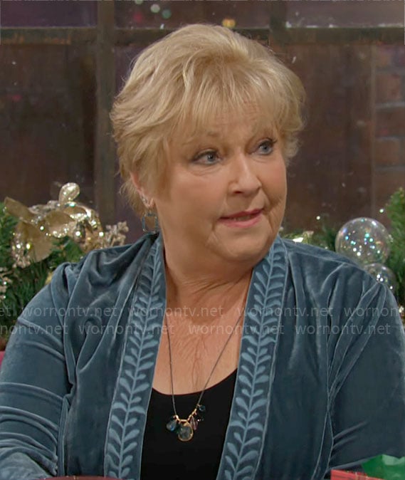 Traci's blue velvet embroidered kimono jacket on The Young and the Restless