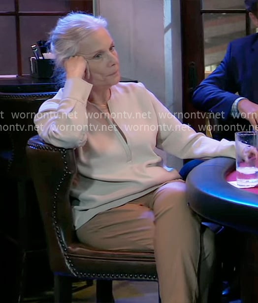 Tracy's beige split-neck blouse on General Hospital